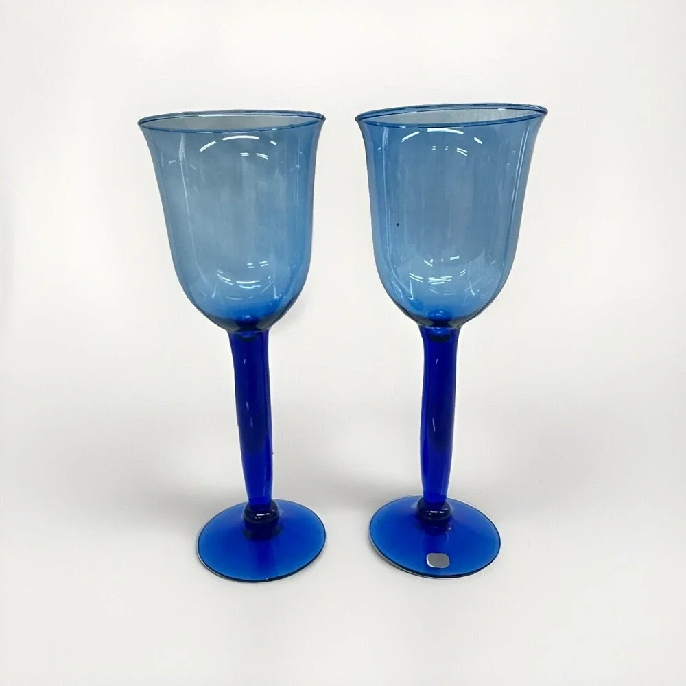 Set of 2 HAND Blown Cobalt Blue Stemmed Wine Water Glass / Goblets - 8 7/8